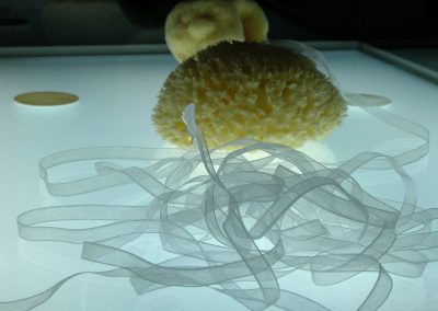 Rosengarten (detail), sponge, silk ribbon, mother of pearl